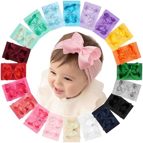 CÉLLOT 20 Colors Baby Girl Headbands with 4.5 Inches Hair Bows Nylon Turban Head Wraps Headbands for Newborn Infants and Toddlers