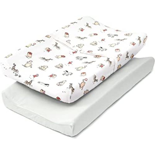 TILLYOU Changing Pad Cover Set, Jersey Knit Ultra Soft Unisex Diaper Change Table Sheets for Baby Boys Girls, Fit 32"/34''x16" Contoured Pad, Comfy Cozy 2-Pack Cradle Sheets, Bear Forest & Light Gray