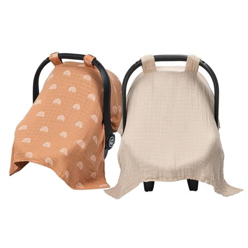 Meracorallo Muslin Baby Car Seat Cover, 2 Pack Lightweight Breathable Soft Infant Carrier Cover Carseat Canopy for Baby Boys and Girls, Rainbow & Beige