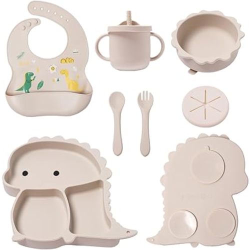 Silicone Baby Feeding Set, Baby Led Weaning Supplies, Eating Essentials Utensils with Suction Plate and Bowl, Pocket Bib, Sippy Cup with Lid, Forks Spoons Snack Container (Beige) 6M+