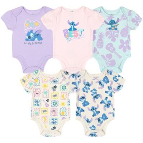 Disney Lilo & Stitch Baby Girls' Embroidered 5-Pack Short Sleeve Creepers Aqua Pink 6-9 Months