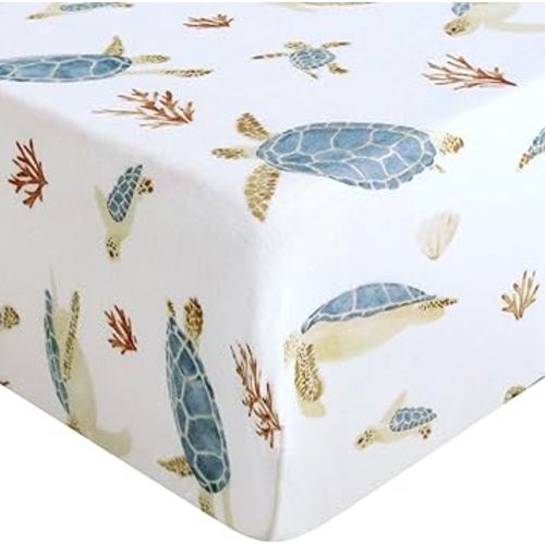 LifeTree Crib Sheets for Baby Unisex - Muslin Fitted Crib Sheets Toddler Bed Sheet, 70% Viscose from Bamboo and 30% Cotton, Fits Standard Crib, Sea Turtle, 28in x 52in