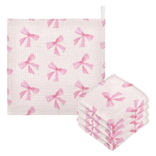 Burbuja Pink Bow Baby Washcloths - Muslin Cotton Soft Absorbent Baby Towel for Newborn Baby Sensitive Skin - Baby Essential Item, 12x12 in, 5 Pack