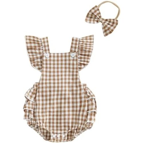 FOMOYUU Newborn Baby Girl Romper Summer Sleeveless Daisy Smocked Cotton Linen Clothes Outfit Jumpsuit with Bow Headband