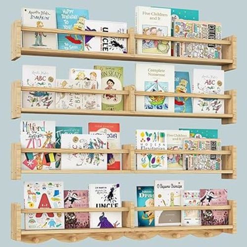 34Inch Nursery Book Shelves Wall Mounted, Floating Book Shelf for Kids Coat Rack with 6 Hooks, Wall Hanging Shelf for Baby Nursery Room Organizer ,Patent Number:US-D1058229-S(4, Burlywood)