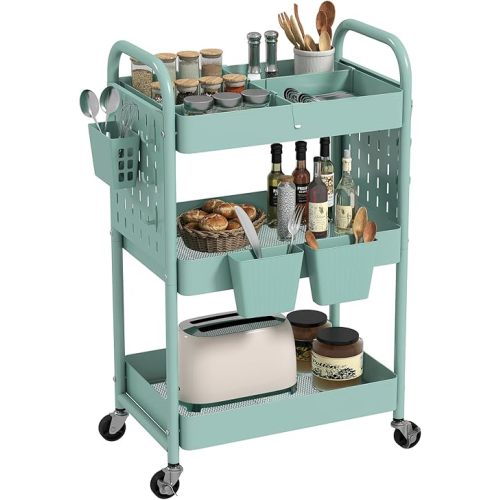 danpinera Rolling Cart, Movable Utility Organizer with Retractable Dividers & Pegboards for Kitchen, Bathroom, Office
