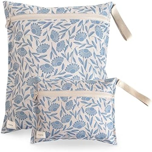 mushie Water Resistant Wet Bags | Large & Small Reusable Storage Bag for Baby Items and Travel | Zippered Pockets with Handle | Machine Washable, Set of 2 (Blue Flowers)