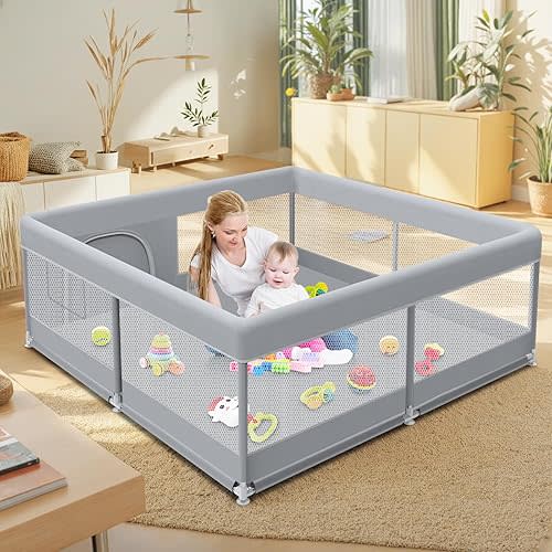 Baby Playpen 50 x 50 Inch Play Pen Playards, Playpen for Babies and Toddlers, Baby Playard for Indoor & Outdoor Active Center Game Fence, with Skin-Friendly Fabric and Soft Breathable Mesh Grey