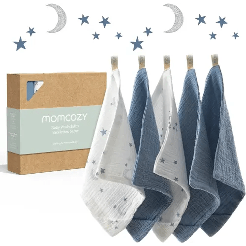 Momcozy Soft & Absorbent Baby Washcloths - 4 Layer Design| Medium Thickness| Premium Cotton for Newborns' Skin-Great for Bathing, Wiping & on-The-go Use, Shower Gift and Essential(5 Pack, 10x10 inch)