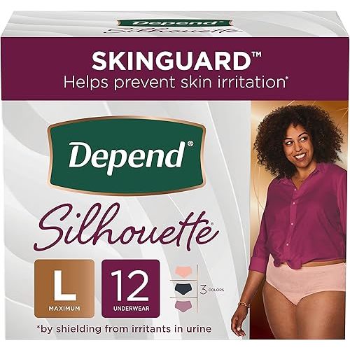 Depend Silhouette Adult Incontinence and Postpartum Underwear for Women, Large, Maximum Absorbency, Black, Pink and Berry, 12 Count, Packaging May Vary