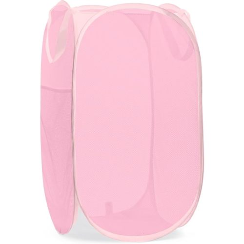 Handy Laundry Collapsible Mesh Pop Up Hamper with Wide Opening and Side Pocket - Breathable, Sturdy, Foldable, and Space-Saving Design for Clothes and Storage (Pink)