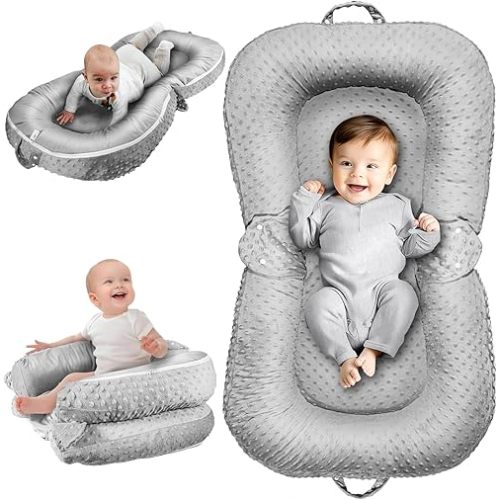 Baby Lounger Pillow : 3-in-1 Infant Lounger Pillow for Newborn 0-24 Months, Portable Tummy Time Mat for Home and Travel, Breathable & Soft Baby Seat for Baby, Babies Essentials Gifts, Grey