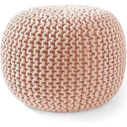 Casafield Round Pouf Ottoman, Light Pink - 20" Diameter x 14.5" High Cotton Knit Foot Stool - Boho Floor Pouffe for Living Room, Bedroom, Home Office