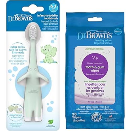 Dr. Brown's Infant-to-Toddler Training Toothbrush, Soft for Baby's First Teeth, Mint Elephant, 0-3 Years and Tooth and Gum Wipes, 30 Count