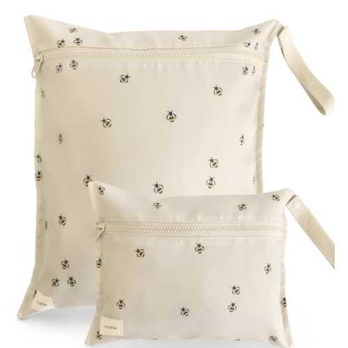 mushie Water Resistant Wet Bags | Large & Small Reusable Storage Bag for Baby Items and Travel | Zippered Pockets with Handle | Machine Washable, Set of 2 (Bees)