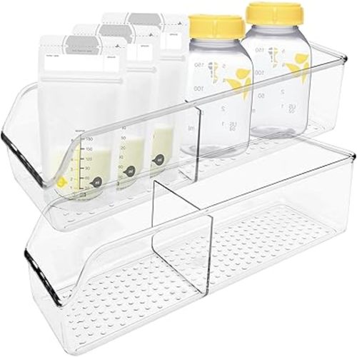 2PCS Breastmilk Storage Container with Two-Grid, Breastmilk Freezer Containers & Fridge Organizer Bins, Storage Bins Breastfeeding Essentials for Breast Milk, Baby Pouches, Bottles