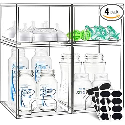Baby Bottle Organizer, Stackable Storage Drawers with Label, Clear Station Organizers Container for Pacifiers, Pump Parts, Desk Organizer Bins for Bathroom, Cabinet, Pantry, Vanity, Countertop, 4 Pack