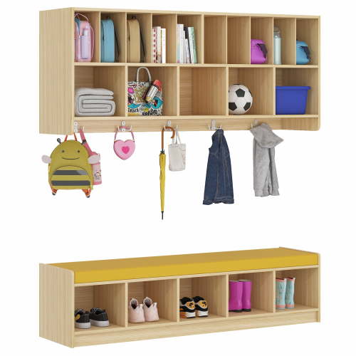 Advwin Wall Cubbies with Hooks & Cushion Shoe Storage Bench, Wooden Wall Mounted Storage Organizer Diaper Shelves for Daycare, Nursery, Home, School