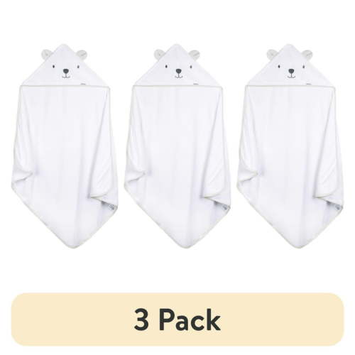(3 pack) Gerber Baby Boy or Girl Unisex White Hooded Towel, One Size