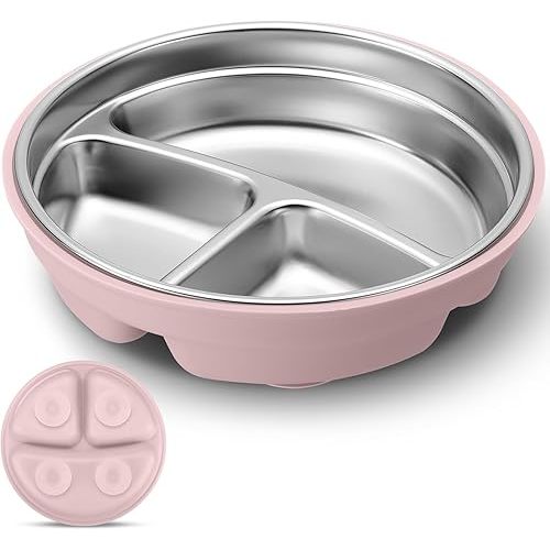Nuogo 1 Pcs Stainless Steel Baby Suction Plates with Removable Silicone Shell 2-in-1 Metal Toddler Bowl Divided for Picky Eaters Kids Feeding Led Weaning Supplies, Dishwasher Safe (Dark Pink)