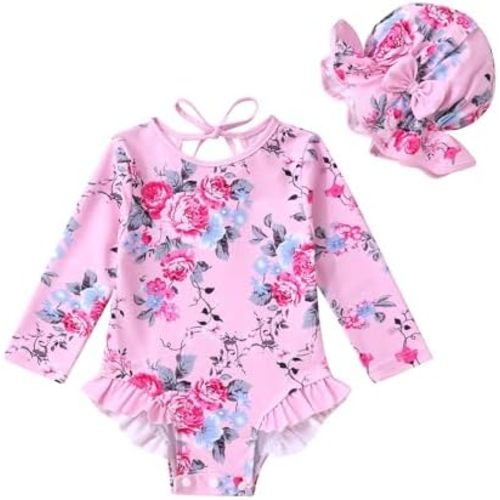 YOUNGER TREE Infant Baby Girls Swimsuit Long Sleeve Swimsuits One Piece Swimsuit Solid Color Bathing Suit with Hat, UPF 50+