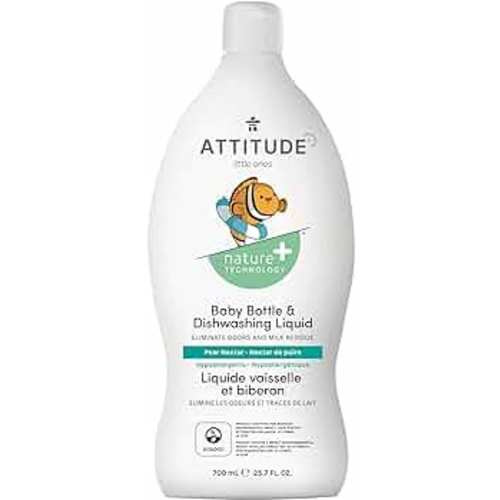 ATTITUDE Baby Dish Soap and Bottle Cleaner, EWG Verified Dishwashing Liquid, No Added Dyes or Fragrances, Tough on Milk Residue and Grease, Vegan, Pear Nectar, 23.7 Fl Oz