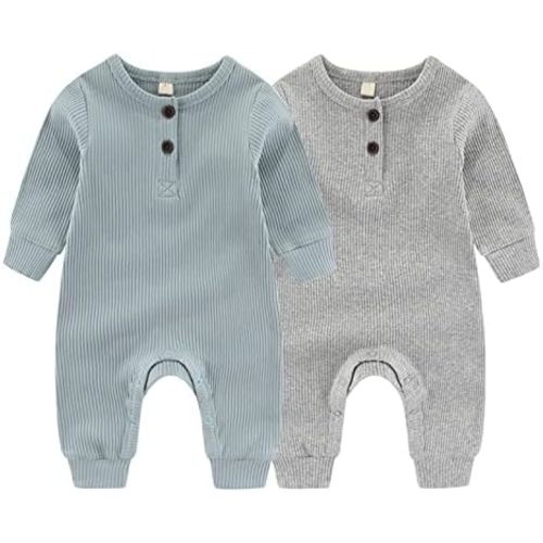 ZAV Solid Unisex Baby Boy Girl Rompers 2 Pack Long Sleeve Jumpsuits Infants Clothes Outfits