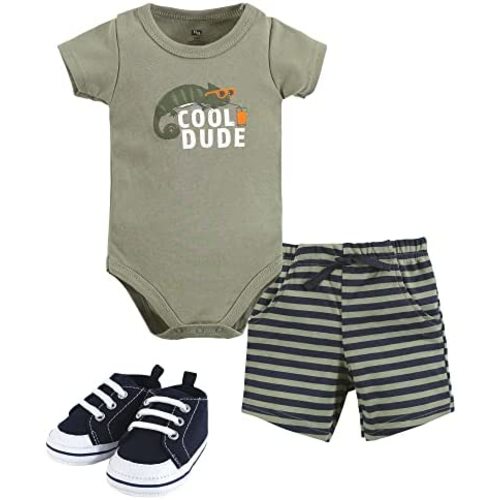 Hudson Baby Unisex Baby Cotton Bodysuit, Shorts and Shoe Set