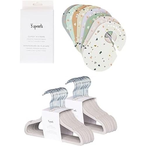3 Sprouts Closet Dividers & Hangers Bundle - 8 Baby Size Dividers (Terrazzo) and 30 Velvet Hangers for Baby Clothes (Gray)