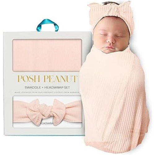 Posh Peanut Swaddle Blanket & Headband Set – Viscose from Bamboo Stretchy Baby Swaddle for Newborn Girls, Receiving Blanket or Nursing Cover (Sandy Blush)