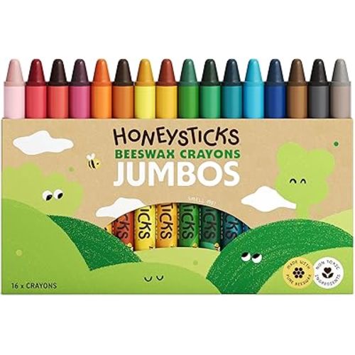 Honeysticks Jumbo Crayons (16 Pack) - Non Toxic Crayons - 100% Pure Beeswax and Food Grade Colors - 16 Bright Colors - Large, Easy to Hold and Use - Preschool Art Supplies for Toddlers/Kids 3-5, 4-8