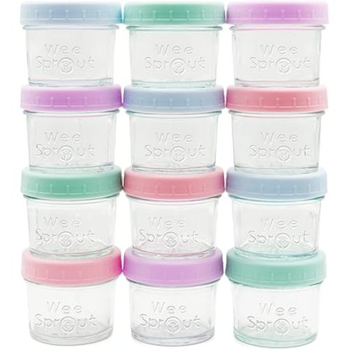 WeeSprout Baby Food Storage Glass Jars w/Lids (4 oz, 12 Pack) Pastel Variety, Snack, Reusable Small Containers, Fridge or Freezer, Microwave & Dishwasher Safe, Essentials for Infants