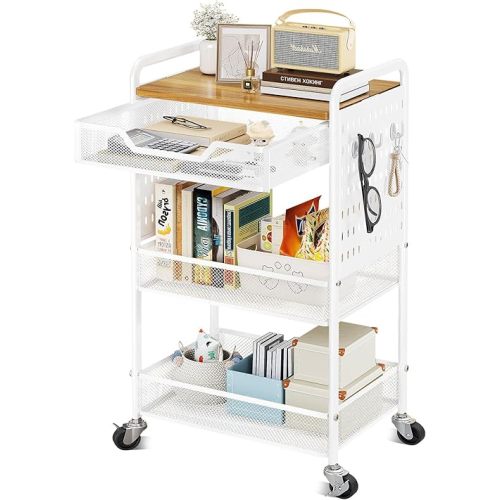 3 Tier Rolling Utility Cart with Wheels - Metal Cart with Slide Drawer and Wood Tabletop, Versatile Storage Organizer Cart with Pegboards and Hooks (White)