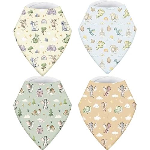 VitalCozy 4 Pcs Watercolor Dragon Baby Bandana Bib Cotton Newborn Infant Feeding Drool Bib for Drooling and Teething Girl Boy