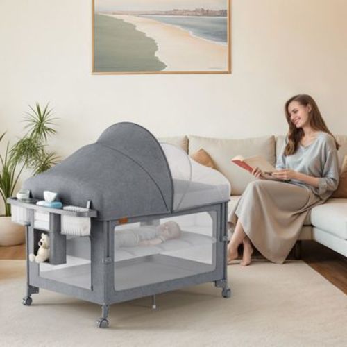 BabyBond 4 in 1 Baby Playard Baby Bassinet Beside Sleeper, Pack and Play, Diaper Changer with Mattress, Mosquito Net for Newborn to Toddles,Gray