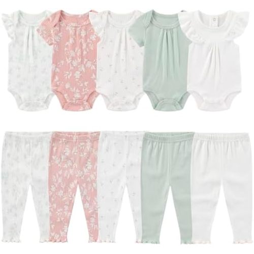 Newborn Baby Layette Gift Set 10-Piece Baby Boy Girl Short Sleeve Bodysuits with Pants Infant Outfit Essentials