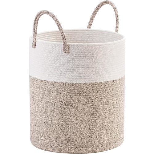 MINTWOOD Design Large 18 x 16 Inches Decorative Woven Cotton Rope Basket, Tall Laundry Basket Hamper, Blanket Basket for Living Room, Storage Baskets for Toys, Towel, Throw, Pillow, Light Brown