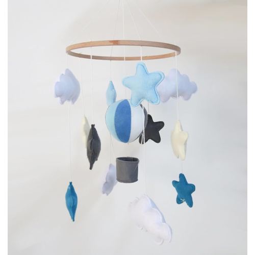 Sky Blue Hot Air Balloon Mobile for Crib Boho Baby Crib Mobile for Boys Girls Stars & Clouds Hot Air Balloon Baby Mobile for Crib