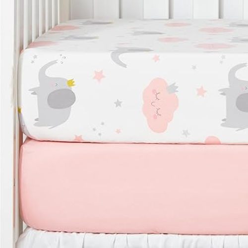 TILLYOU 2 Pack Fitted Crib Sheet Set - 100% Natural Cotton Toddler Bed Mattress Sheets,Standard 28”x 52”, Elephants Clouds&Pink