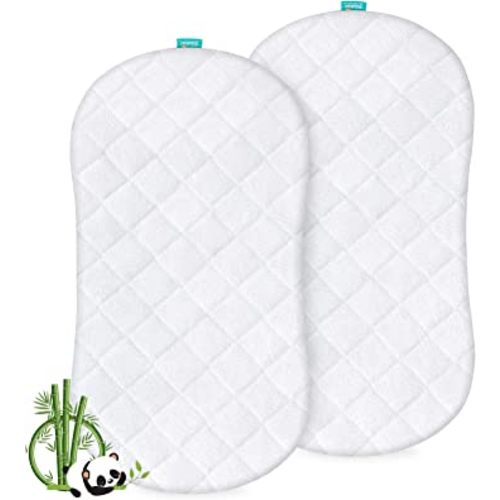 Bassinet Mattress Pad Cover, Waterproof, Ultra Soft Bamboo Viscose Terry Surface, Universal Fit for Hourglass/Oval Bassinet Mattress, 2 Pack, Washer & Dryer, No Loosen and Pre-Shrinked