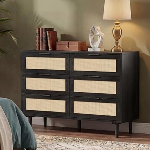 6 Drawer Dresser Rattan Dresser Modern Chest with Drawers,Wood Storage Closet Dressers Chest of Drawers for Bedroom,Living Room,Hallway (Black)