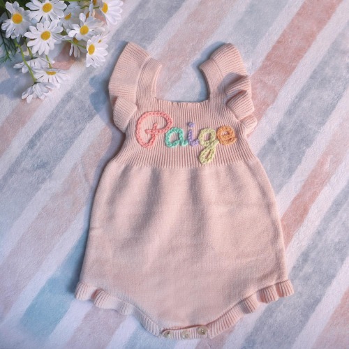 Custom Name Romper, Baby Girl Romper, Baby Knit Romper,Hand Embroidered Ruffle Romper,First Birthday Romper,Personalized Gift for Baby Girls