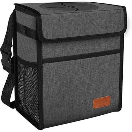Leak Proof Car Trash Bag Waterproof Garbage Can with Lid for SUV Front Seat Multipurpose Car Hanging for Headrest Collapsible and Portable with Storage Mesh Pocket, Charcoal Gray