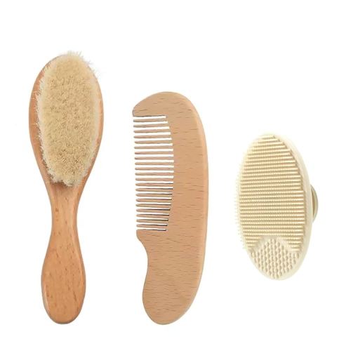 PandaEar 3 Pack Baby Brush and Comb Set Newborn, Silicone Cradle Cap Brush for Babies, Soft Newborn Hair Brush with Soft Goat Bristles, Wooden Toddler Comb Hairbrush Set for Boys and Girls