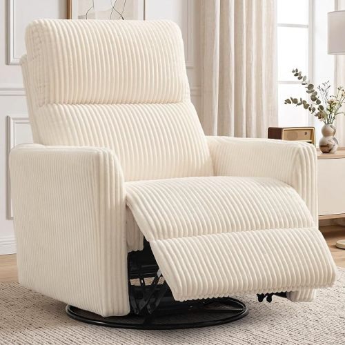 Korser 360° Swivel Glider Rocker Manual Recliner Chair, High Back Reclining Chair with Curved Armrests, Beige Corduroy Upholstered Chair for Nursery, Living Room, Bedroom