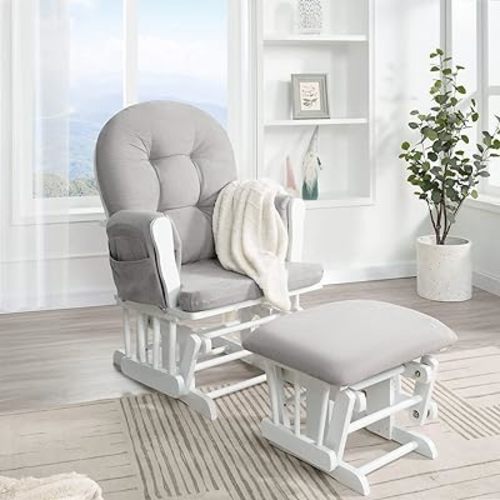 Naomi Home Nursery Glider & Ottoman Sets, Reclining Glider Rocker with Ottoman, Nursery Rocking Breastfeeding Maternity Chair for Baby Room, Recliner Glider with Ottoman, Padded Arms - White, Gray