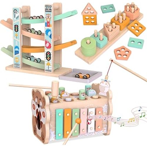 Wooden Montessori Toys for 1 Year Old, Pounding Hammering Toy with Xylophone & Fishing Game, Car Ramp Toy, Stacking Blocks & Shape Sorter 3 in 1 Wooden Toddler Toys 1 2 3 for Christmas Birthday Gifts