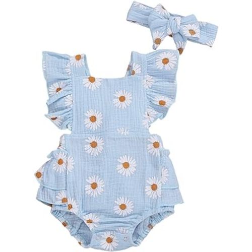 Infant Baby Girl Summer Outfit Clothes Sleeveless Smocked Cotton Linen Romper with Headband