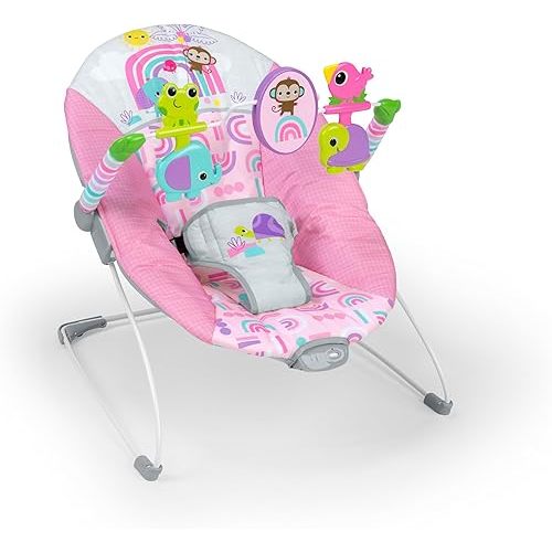 Bright Starts Pink Paradise Portable Baby Bouncer with Vibrating Infant Seat and -Toy Bar, Max Weight 20 lbs., Age 0-6 Months