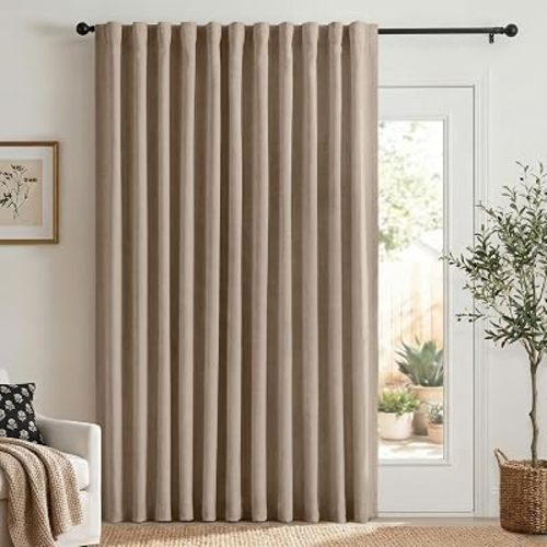 Linen Textured Blackout Sliding Door Curtains 84 Inches Long, Copper Brown